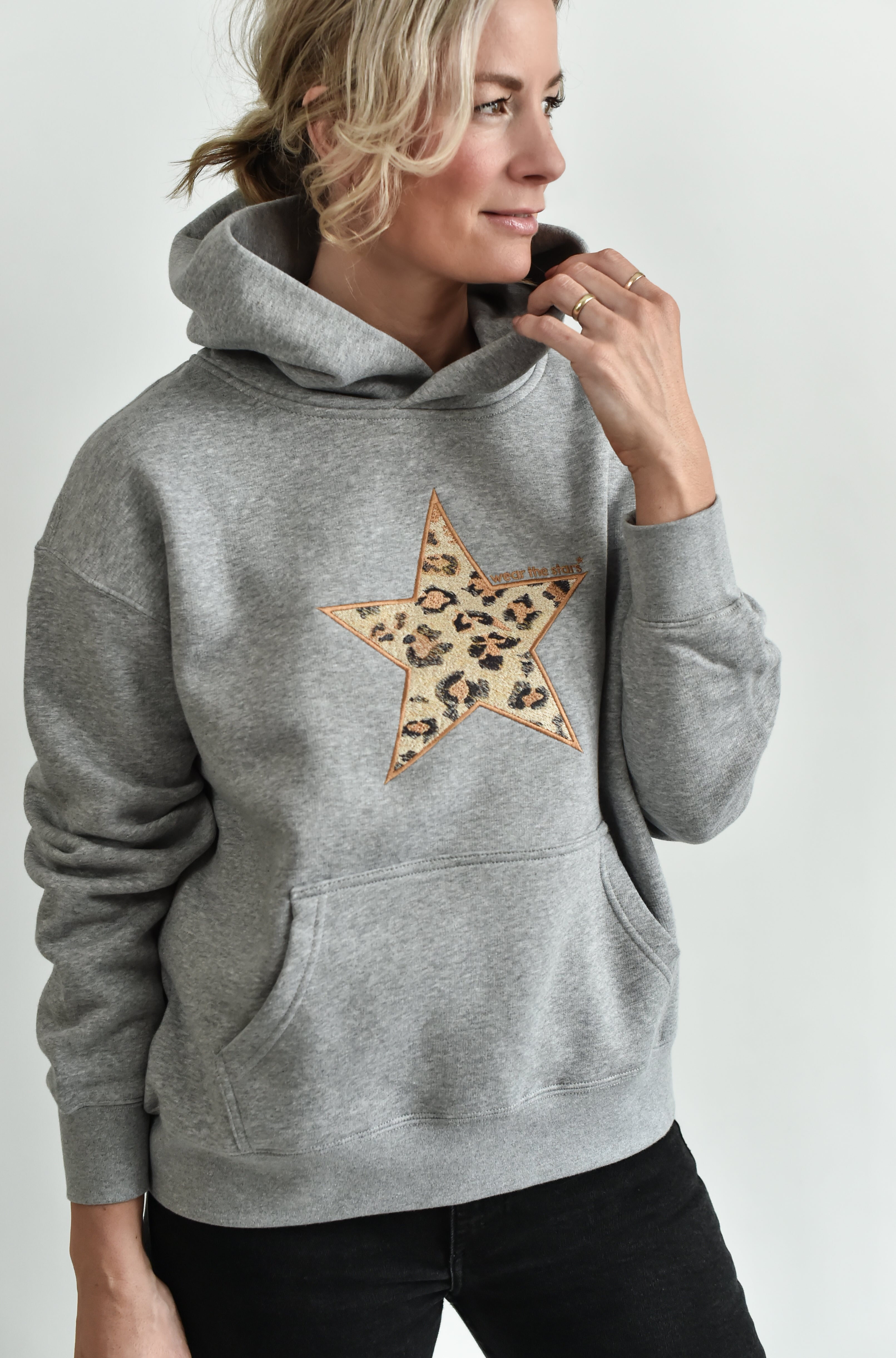 NEW STYLE Meet our Grey Hoodie with Leopard Embroidered Star Wear the Stars