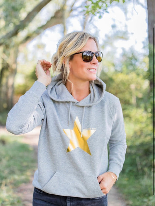 Wear the Stars women's marl grey organic cotton hoodie with gold foil star