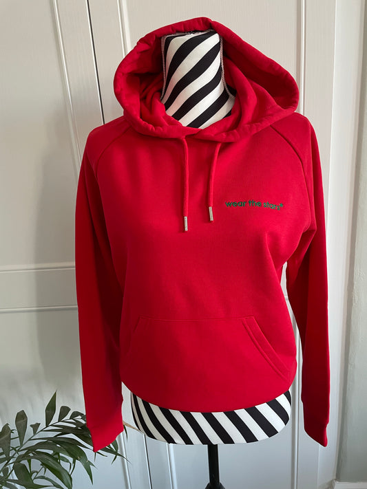 Meet Our Bright Red Hoodie with Forest Green Wear the Stars logo